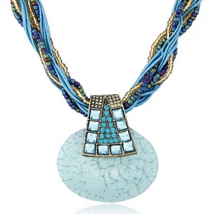 Bohemian Fashion Rhinestone Decorated Elegant Stone Pendant Mini Weaving Beads Necklace - Blue