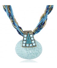 Bohemian Fashion Rhinestone Decorated Elegant Stone Pendant Mini Weaving Beads Necklace - Blue