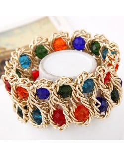 Bold Crystal Gems Inlaid Weaving Alloy Wire Dual Layer Fashion Bracelet - Multicolor