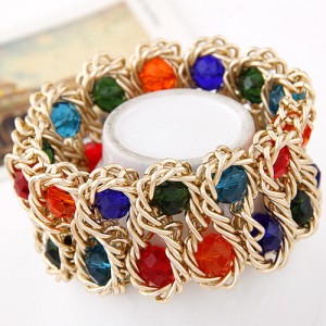 Bold Crystal Gems Inlaid Weaving Alloy Wire Dual Layer Fashion Bracelet - Multicolor