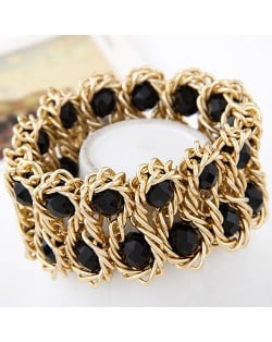 Bold Crystal Gems Inlaid Weaving Alloy Wire Dual Layer Fashion Bracelet - Black