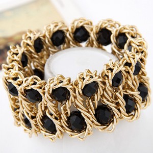 Bold Crystal Gems Inlaid Weaving Alloy Wire Dual Layer Fashion Bracelet - Black