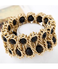 Bold Crystal Gems Inlaid Weaving Alloy Wire Dual Layer Fashion Bracelet - Black