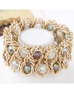 Bold Crystal Gems Inlaid Weaving Alloy Wire Dual Layer Fashion Bracelet - White and Colorful Gray