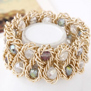 Bold Crystal Gems Inlaid Weaving Alloy Wire Dual Layer Fashion Bracelet - White and Colorful Gray
