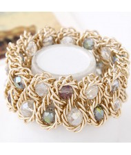 Bold Crystal Gems Inlaid Weaving Alloy Wire Dual Layer Fashion Bracelet - White and Colorful Gray