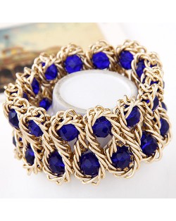 Bold Crystal Gems Inlaid Weaving Alloy Wire Dual Layer Fashion Bracelet - Blue
