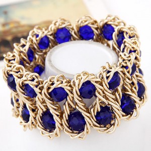Bold Crystal Gems Inlaid Weaving Alloy Wire Dual Layer Fashion Bracelet - Blue