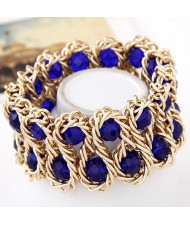 Bold Crystal Gems Inlaid Weaving Alloy Wire Dual Layer Fashion Bracelet - Blue