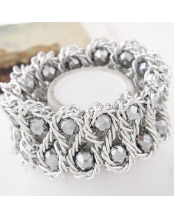 Bold Crystal Gems Inlaid Weaving Alloy Wire Dual Layer Fashion Bracelet - Silver