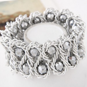 Bold Crystal Gems Inlaid Weaving Alloy Wire Dual Layer Fashion Bracelet - Silver