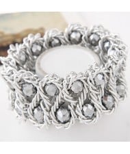 Bold Crystal Gems Inlaid Weaving Alloy Wire Dual Layer Fashion Bracelet - Silver