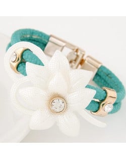 Sweet Gem Inlaid Flower Attached Leather Fashion Bracelet - Green