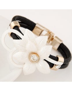 Sweet Gem Inlaid Flower Attached Leather Fashion Bracelet - Black