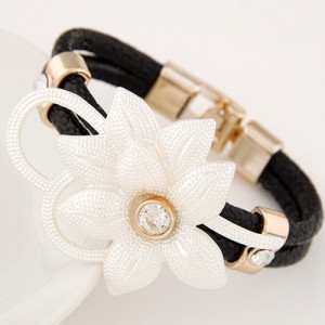 Sweet Gem Inlaid Flower Attached Leather Fashion Bracelet - Black
