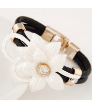 Sweet Gem Inlaid Flower Attached Leather Fashion Bracelet - Black