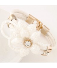 Sweet Gem Inlaid Flower Attached Leather Fashion Bracelet - White