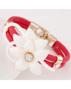 Sweet Gem Inlaid Flower Attached Leather Fashion Bracelet - Red