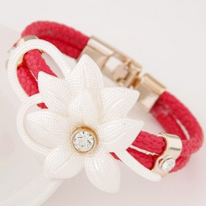 Sweet Gem Inlaid Flower Attached Leather Fashion Bracelet - Red