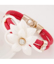 Sweet Gem Inlaid Flower Attached Leather Fashion Bracelet - Red