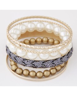 Western Fashion Assorted Beads and Pearl Balls Mix Design Combo Bangle - Black