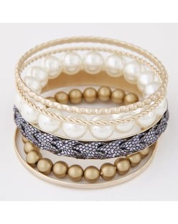 Western Fashion Assorted Beads and Pearl Balls Mix Design Combo Bangle - Black