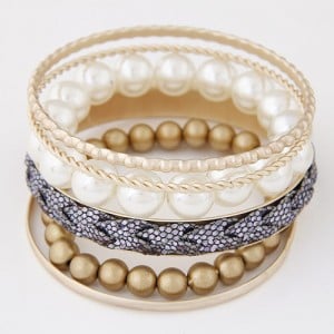 Western Fashion Assorted Beads and Pearl Balls Mix Design Combo Bangle - Black
