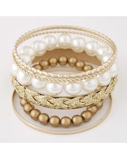 Western Fashion Assorted Beads and Pearl Balls Mix Design Combo Bangle - Golden