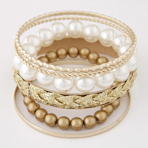 Western Fashion Assorted Beads and Pearl Balls Mix Design Combo Bangle - Golden