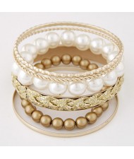 Western Fashion Assorted Beads and Pearl Balls Mix Design Combo Bangle - Golden
