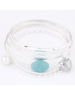 Heart and Pearl Pendants with Gem Bead Fashion Combo Bangle - Silver