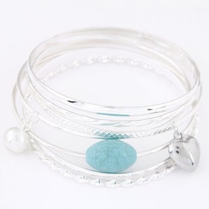 Heart and Pearl Pendants with Gem Bead Fashion Combo Bangle - Silver