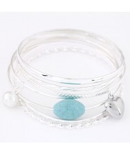 Heart and Pearl Pendants with Gem Bead Fashion Combo Bangle - Silver