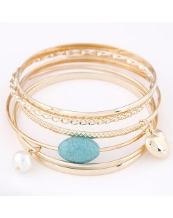 Heart and Pearl Pendants with Gem Bead Fashion Combo Bangle - Golden