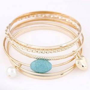 Heart and Pearl Pendants with Gem Bead Fashion Combo Bangle - Golden