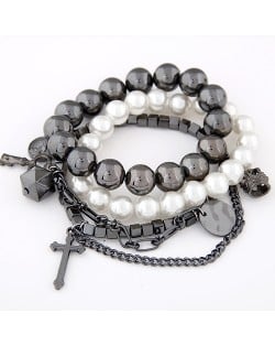 Multiple Elements Pendants Pearls and Square Beads Fashion Combo Bracelet - Gun Black