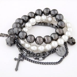 Multiple Elements Pendants Pearls and Square Beads Fashion Combo Bracelet - Gun Black