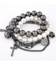 Multiple Elements Pendants Pearls and Square Beads Fashion Combo Bracelet - Gun Black