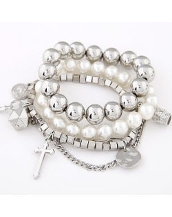 Multiple Elements Pendants Pearls and Square Beads Fashion Combo Bracelet - Silver