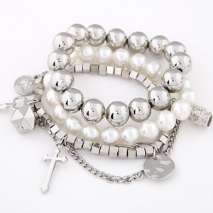 Multiple Elements Pendants Pearls and Square Beads Fashion Combo Bracelet - Silver