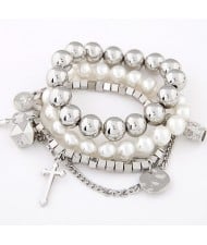 Multiple Elements Pendants Pearls and Square Beads Fashion Combo Bracelet - Silver