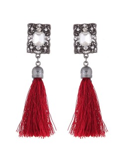 Rhinestone Embedded Vintage Court Style Hollow Rectangle Fashion Thread Tassel Ear Studs - Red