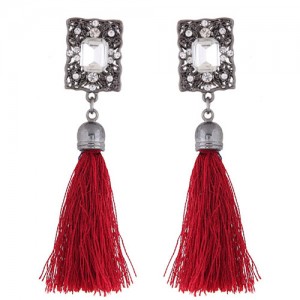 Rhinestone Embedded Vintage Court Style Hollow Rectangle Fashion Thread Tassel Ear Studs - Red
