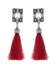 Rhinestone Embedded Vintage Court Style Hollow Rectangle Fashion Thread Tassel Ear Studs - Red