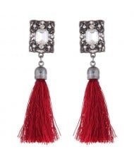 Rhinestone Embedded Vintage Court Style Hollow Rectangle Fashion Thread Tassel Ear Studs - Red