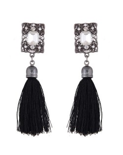 Rhinestone Embedded Vintage Court Style Hollow Rectangle Fashion Thread Tassel Ear Studs - Black