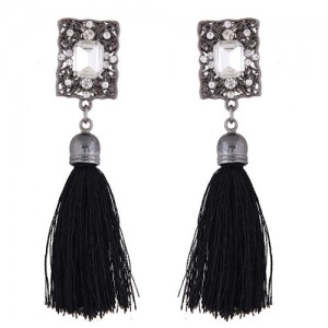Rhinestone Embedded Vintage Court Style Hollow Rectangle Fashion Thread Tassel Ear Studs - Black