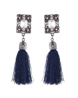 Rhinestone Embedded Vintage Court Style Hollow Rectangle Fashion Thread Tassel Ear Studs - Royal Blue