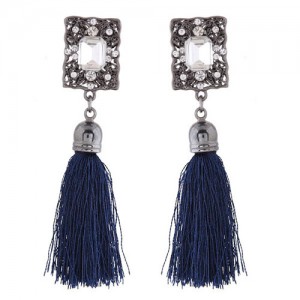 Rhinestone Embedded Vintage Court Style Hollow Rectangle Fashion Thread Tassel Ear Studs - Royal Blue