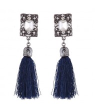 Rhinestone Embedded Vintage Court Style Hollow Rectangle Fashion Thread Tassel Ear Studs - Royal Blue